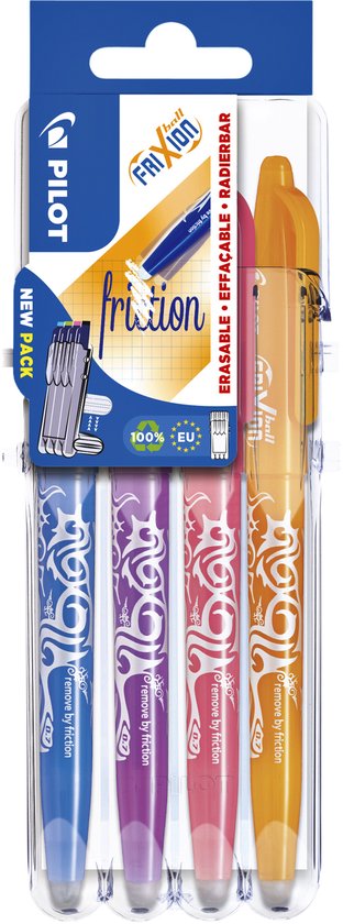 Pilot FriXion - Rollerbal Pennenset - Sky Blauw Paars Koraal Abrikoos Oranje - 4 stuks