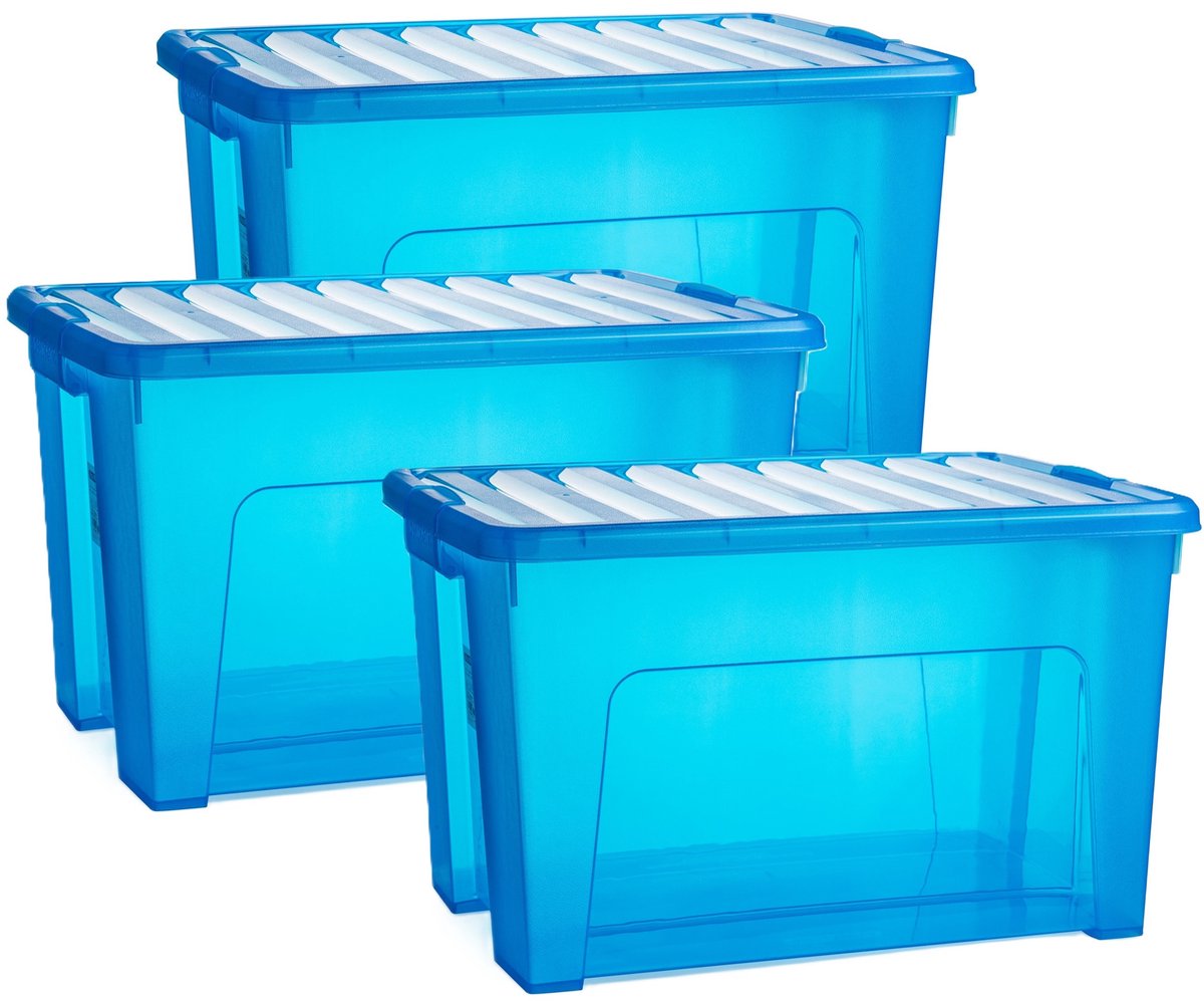 PLASTICFORTE Opslagbox - 3x - met deksel - transparant blauw - 47 liter - 54 x 38 x 32 cm - kunststof - opbergdoos - opbergen