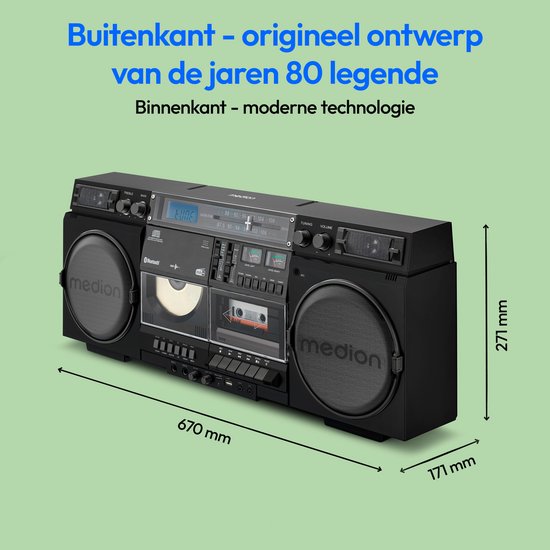 MEDION P66538 Cassetterecorder (retro boombox met cd-speler, jaren 80, groot, USB, SD, cd, cassette MC, DAB+ radio telescopische antenne, Bluetooth, cassettedeck, opnamefunctie, werkt op batterijen)
