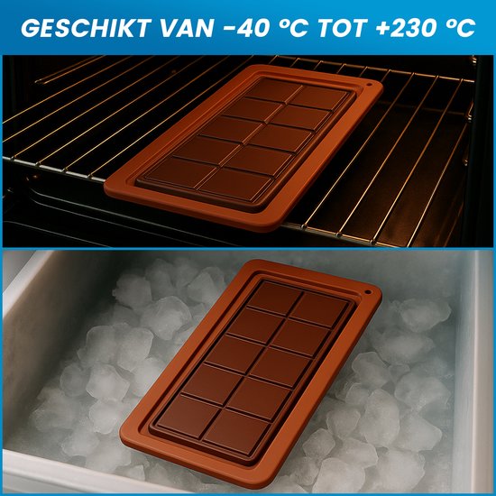 Bruine chocoladevorm in oven en in ijswater, toont temperatuurbestendigheid.