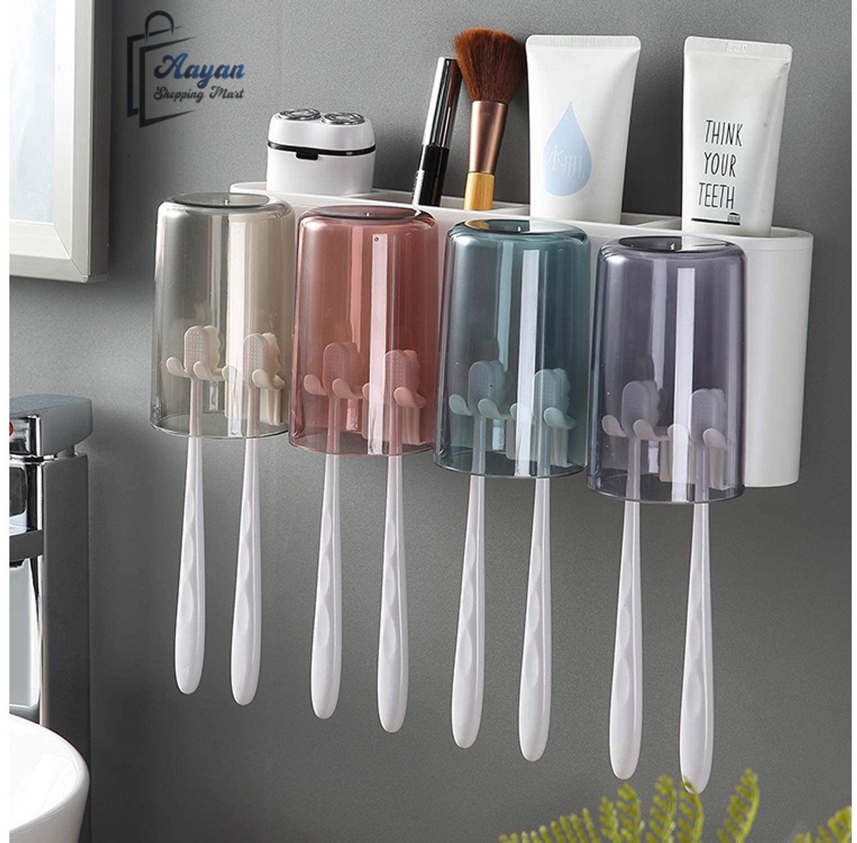 Tandenborstelhouder met Tandpasta Dispenser & Bekers – 6-in-1 Organizer – Wandmontage tandenborstelhouders – 4 Bekers – tandenborstel houder - 35857