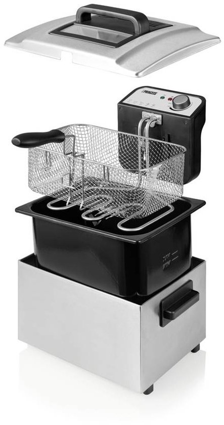 Exploded view van een Princess frituurpan: deksel, mand met frietjes, binnenpan en RVS behuizing.