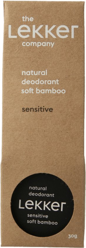 Kartonnen verpakking met 'the Lekker company', 'natural deodorant soft bamboo sensitive' en '30g'.