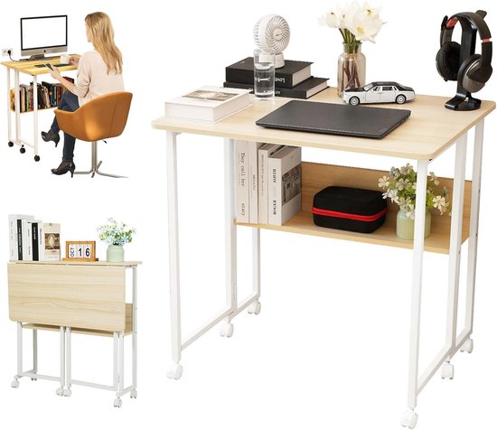 GreenForest Opvouwbaar Bureau met Monitorstandaard, 80 cm Klein Computerbureau met Opbergtas,Eenvoudig en Modern Draagbaar Opvouwbaar Bureau met Haken voor Thuiskantoor,Wit