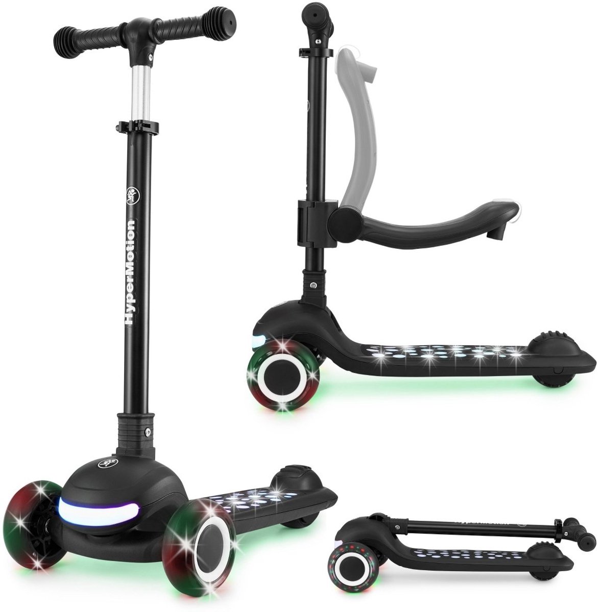 HyperMotion LUMI 3-in-1 kinderstep met LED-verlichting, verstelbaar zitje, opvouwbaar, PU-wielen, T-bar stuur, tot 50 kg, vanaf 1 jaar, voor binnen en buiten gebruik