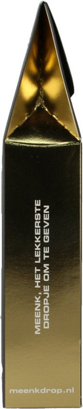 Gouden verpakking met de tekst 'MEENK, HET LEKKERSTE DROPJE OM TE GEVEN' en 'meenkdrop.nl'.