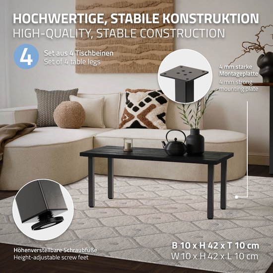 Meubel Poot ML-Design Set Van 4 Tafelpoten - 72 Cm, Donkergrijs, Industriële Look, Verstelbaar 1-4 Cm, Staal I-design Tafel Onderstel