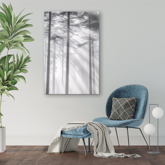 Mistig bos met zonnestralen - Bos canvas schilderij - Kunstwerk bomen - Monochromatisch - Woonkamer decoratie industrieel - Canvas keuken - canvas 40x60 cm