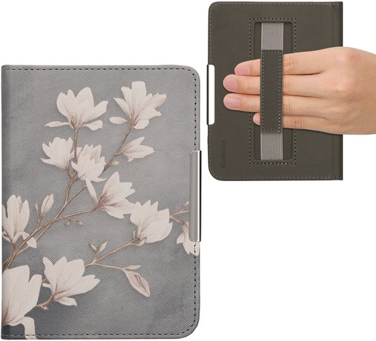kwmobile e-reader hoesje geschikt voor Kobo Clara BW / Colour hoes - E reader flip case met magneetsluiting - Ereader cover - Magnolia design in taupe / wit / blauwgrijs van Merkloos — afbeelding 5