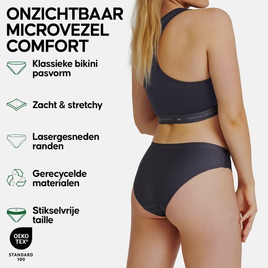 Mannequin en culotte gris foncé et soutien-gorge de sport avec le texte 'CONFORT MICROFIBRE INVISIBLE'.