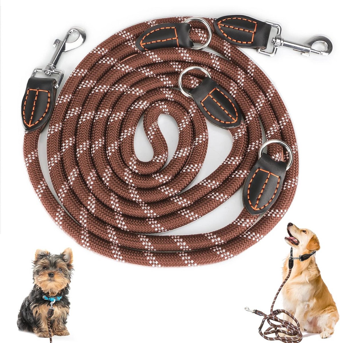 Verstelbare hondenriem voor grote en middelgrote honden - Strong nylon met 2 karabijnhaken en 3 ringen - 3 m lang