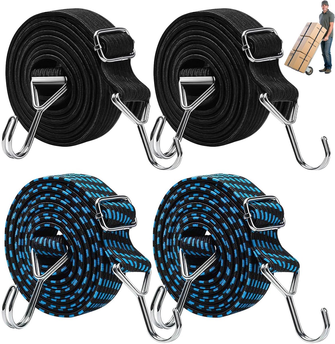 Ibenzoa® Set van 4 Verstelbare Elastische Spanbanden met Haken voor Divers Gebruik, 1 Meter Lang