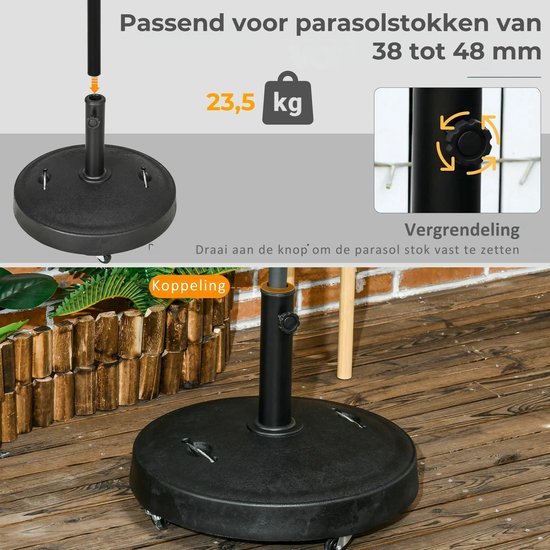 Parasolvoet - Parasol voet - Parasolvoet op wielen - Parasolvoet verrijdbaar - 23,5 Kg - Zwart