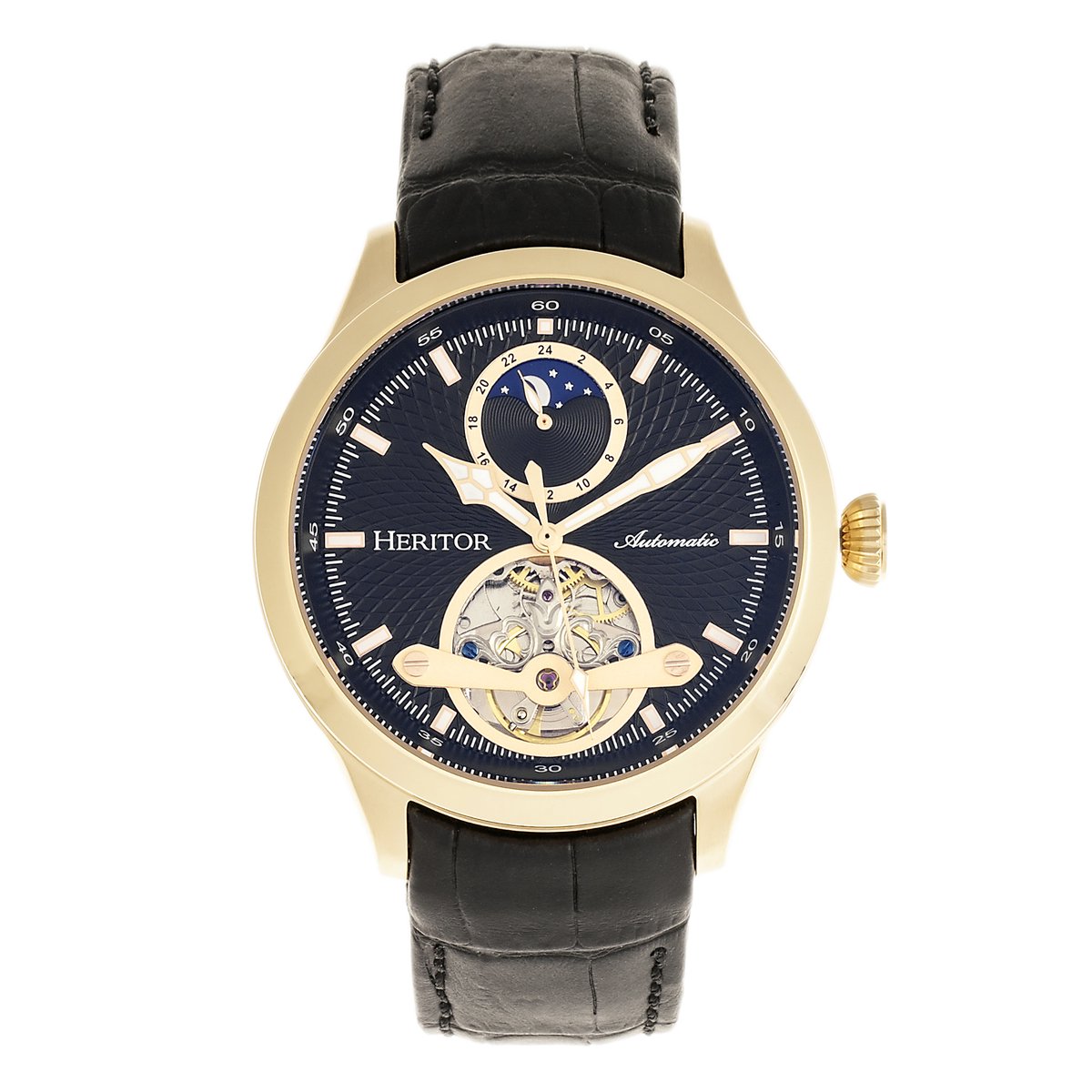 Heritor Automatic Gregory Semi-Skelet Horloge met Leren Band - Goud-Zwart