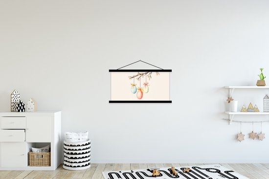 Posterhanger incl. Poster 90x45 cm - Schoolplaat - Paastak - Strikje - Eieren - Textielposter - Zwarte latten