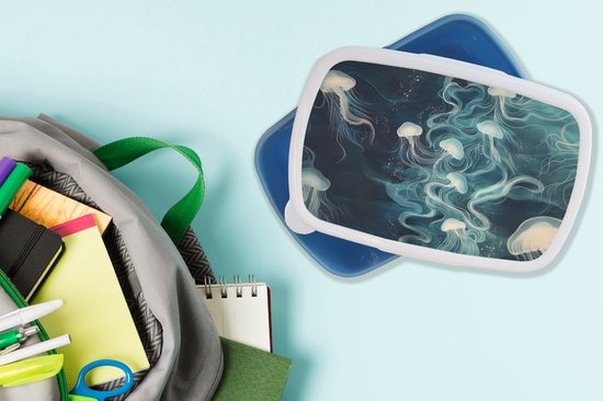 Lunch Box Blauw - Lunch Box Méduse - Mer - Wit - Vagues - Lunch Box 18x12x6 cm - Lunch Box Pain - Boîtes à pain pour Enfants et Adultes