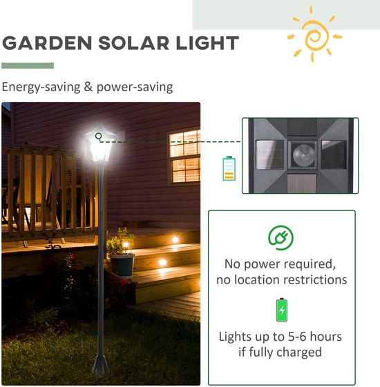 Zwarte lantaarnpaal verlicht een tuinpad en trap. Zonnepaneel en batterij-icoon.