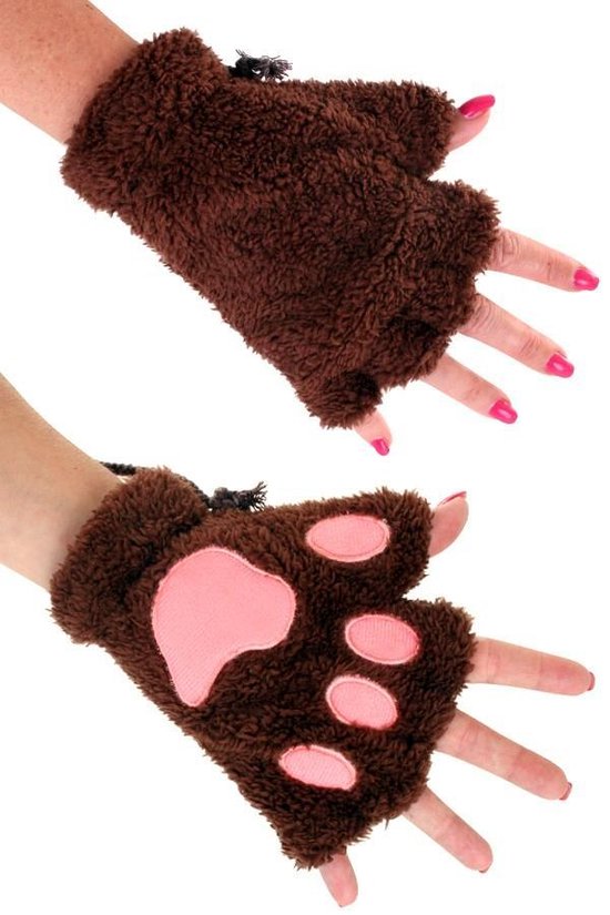 KIMU Dierenpoot Vingerloze Handschoenen Donkerbruin Pluche - Vingerloos Beer Pootjes Bruin - Kattenpootjes Hondenpootjes Berenpoten Dierenpootjes Fleece Festival