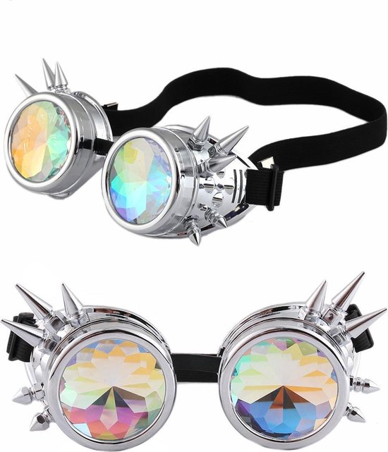 Foto: Kimu goggles steampunk bril met spikes zilver chroom montuur caleidoscoop glazen spacebril space caleidoscope holografisch festival