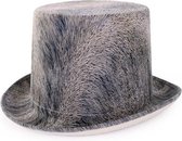 Hoge hoed grijs steampunk tophat veren relief - one size - maat 59 60 61 62 - met elastieken band - grijze heren dames