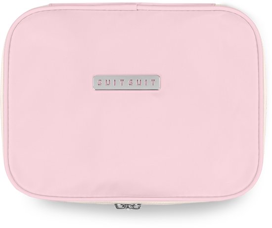 Roze pastel SUITSUIT toilettas met zilveren logo en ritssluiting.