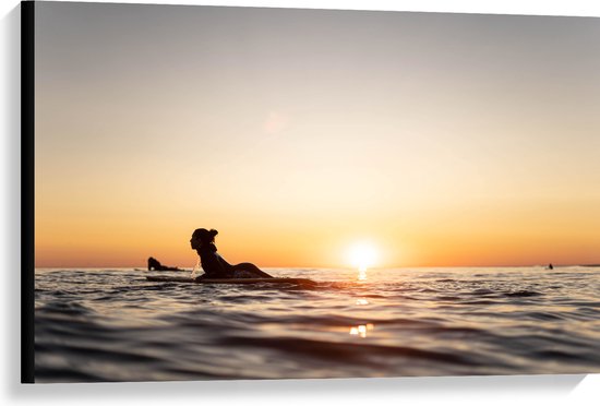 Canvas - Zee - Zonsondergang - Surfplank - Surfers - Hobby - 90x60 cm Foto op Canvas Schilderij (Wanddecoratie op Canvas)