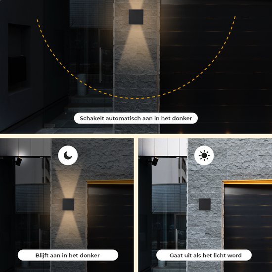 Luminize buitenlamp met schemersensor - wandlamp met dag en nacht sensor - 12x12x12cm - 2700k - 12w - zwart - LED