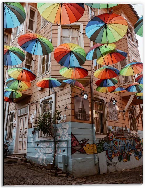 Dibond - Plafond van Kleurrijke Paraplu's in Dorpssystraat - 30x40 cm Foto op Aluminium (Met Ophangsysteem)
