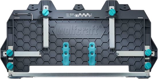 Wolfcraft geleiderailsysteem met zilveren en turquoise accenten.