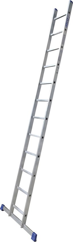 Een lange, enkele aluminium ladder met 12 treden en blauwe rubberen voetjes.