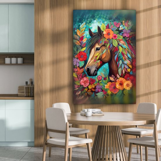 Peinture sur toile 90x140 cm - Décoration murale Cheval - Fleurs - Tableau - Nature - Peinture - Décoration murale murale salon - Décoration chambre - Accessoires chambre - Peintures