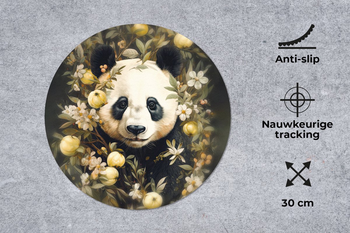 Muismat rond 30x30 cm - Mousepad Panda - Pandabeer - Wilde dieren - Natuur - Bloemen - Ronde muismatten