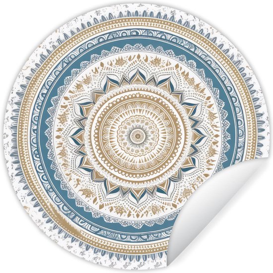 WallCircle - Stickers muraux - Cercle Papier Peint - Mandala - Blauw - Bohème - Wit - Design - 120x120 cm - Cercle Mural - Auto Adhésif - Sticker Papier Peint Rond XXL