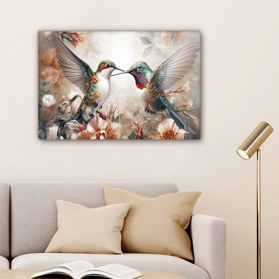 Tableau sur toile Colibri - Vogels - Fleurs - Nature - 90x60 cm - Décoration murale