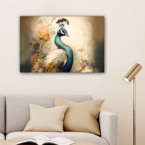 Tableau sur toile Paon - Plumes de paon - Fleurs - Vogels - Botanique - 60x40 cm - Décoration murale