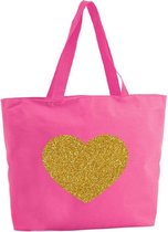 Gouden hart glitter shopper tas - fuchsia roze - 47 x 34 x 12,5 cm - boodschappentas / strandtas