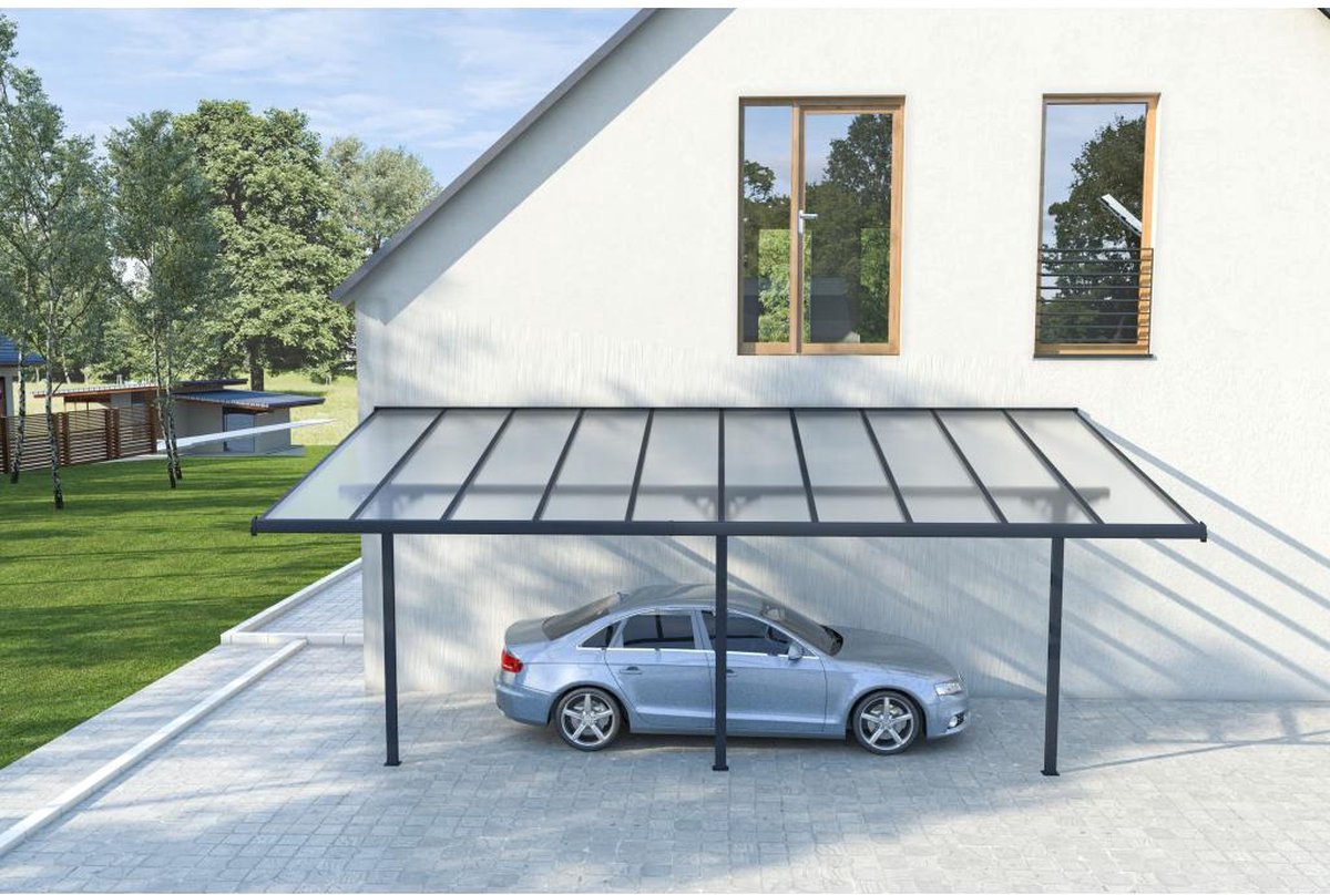 Pergola adossée en aluminum 13,2 m² blanc - dim L436 x P305 x H240/285 cm  ALVARO