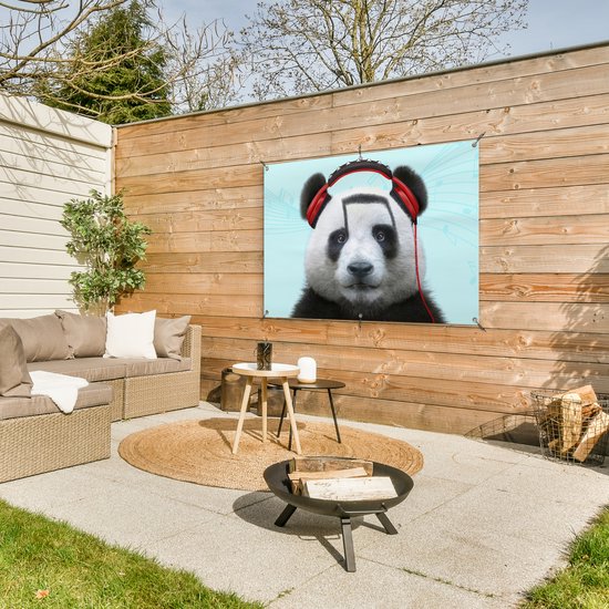 Affiche jardin - Toile jardin - Posters de jardin extérieur - Panda - Casque - Animal - Notes de musique - Rouge - 120x80 cm - Jardin