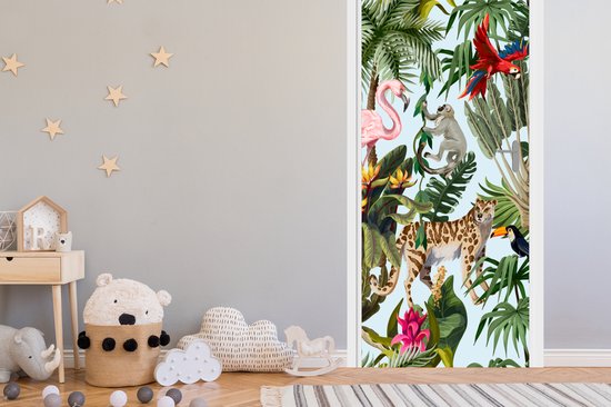Sticker de porte Jungle - Animaux - Filles - Enfants - Garçons - Flamingo - Perroquet - 95x235 cm - Poster de porte