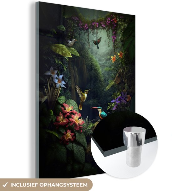 MuchoWow® Glasschilderij 30x40 cm - Schilderij acrylglas - Bloemen - Planten - Jungle - Vogels - Foto op glas - Schilderijen