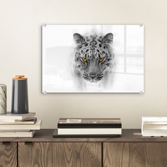 MuchoWow® Peinture sur verre 30x20 cm - Peinture sur verre acrylique - Léopard - Zwart - Wit - Tête - Photo sur verre - Peintures