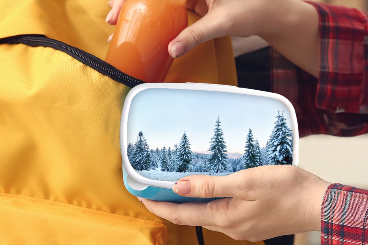 Broodtrommel Blauw - Lunchbox - Brooddoos - Winter - Sneeuw - Bomen - 18x12x6 cm - Kinderen - Jongen