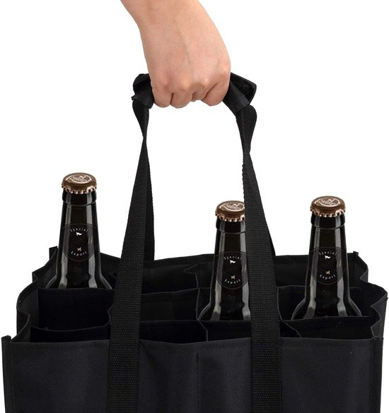 SSKHE Flessentas voor 6 x 1,5 liter flessen, flessendrager, dranktas, draagtas met scheidingswanden en 6 vakken, zwart, modern