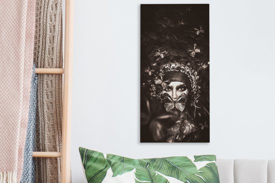 Toile Peinture Femme - Papillon - Zwart - Wit - 20x40 cm - Décoration murale