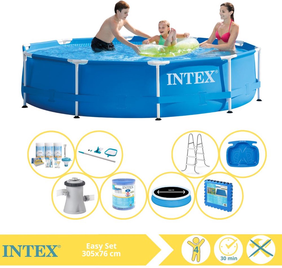 Intex Rond Frame Zwembad – 305 x 76 cm – Blauw – Inclusief Solarzeil – Onderhoudspakket – Zwembadfilterpomp – Filter – Schoonmaakset – Ladder – Voetenbad – Vloertegels – 9-delig