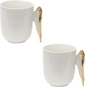 HAES DECO - Mugs lot de 2 - format 11x9x10 cm / 350 ml - coloris Wit / Or - Céramique imprimée - Collection : Wings - Ensemble mug, Mug à café, Tasse à café