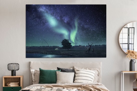 Peintures Toiles Aurores Boréales - Ciel Étoilé - Nuit - Cerf - 180x120 cm - Décoration murale XXL