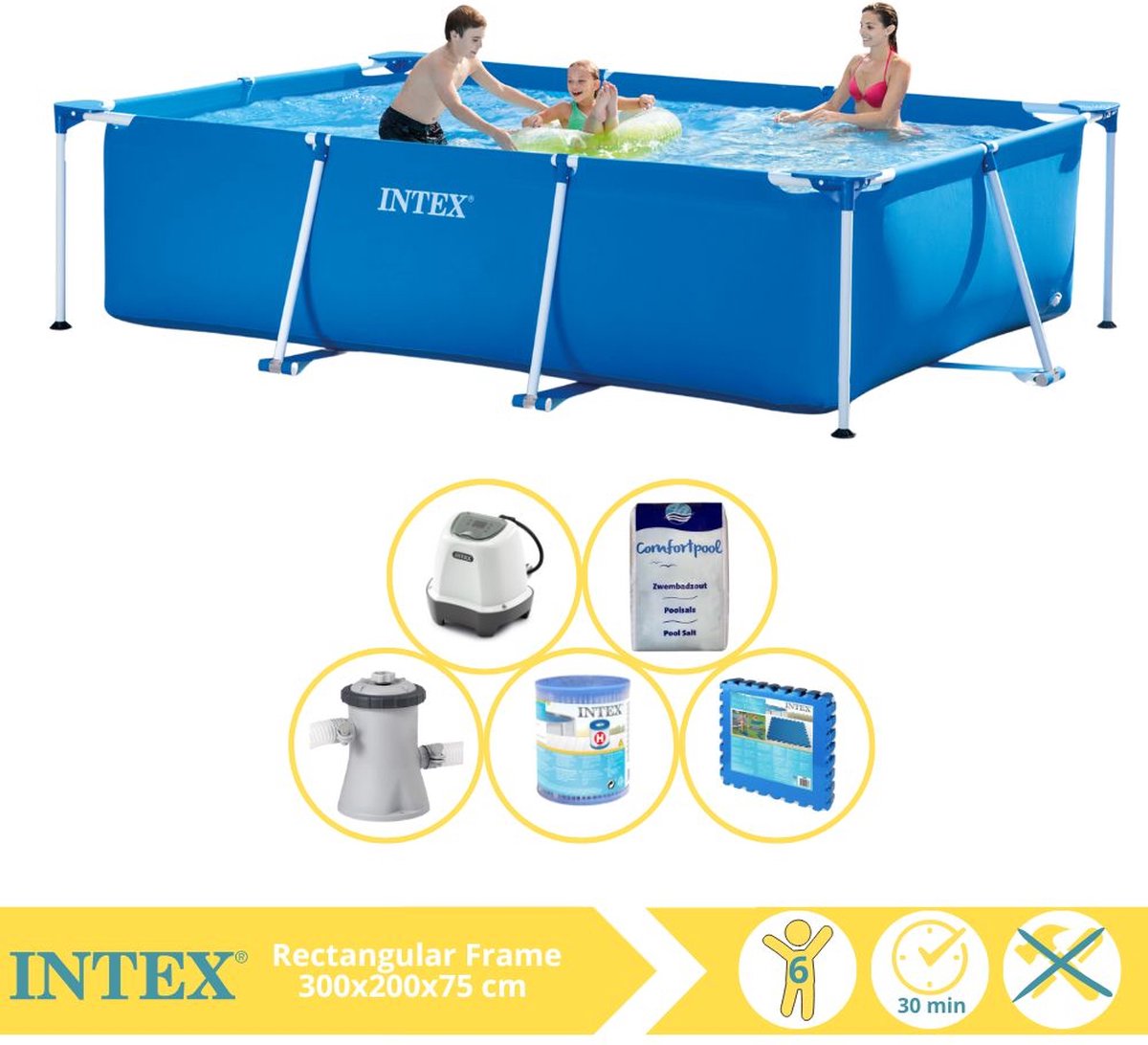 Intex Rectangular Frame Zwembad – Opzetzwembad – 300x200x75 cm – Inclusief Zwembadpomp, Filter, Zoutsysteem, Zout en Zwembadtegels