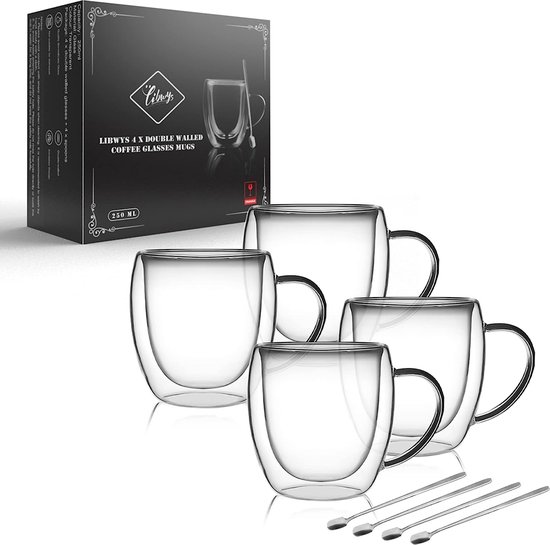 GOMETY set van 4 dubbelwandige 250 ml Latte Macchiato glazen, borosilicaatglas koffieglazen met handvat, hitte- en koudebestendige glas koffiekopjes voor Cappuccino, Latte, Thee, Koffie, Melk, Sap