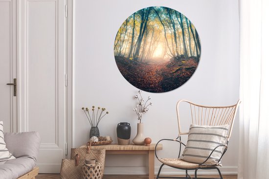 WallCircle - Stickers muraux - Cercle Papier Peint - Forêt - Brouillard - Soleil - Automne - 120x120 cm - Cercle Mural - Auto Adhésif - Sticker Papier Peint Rond XXL